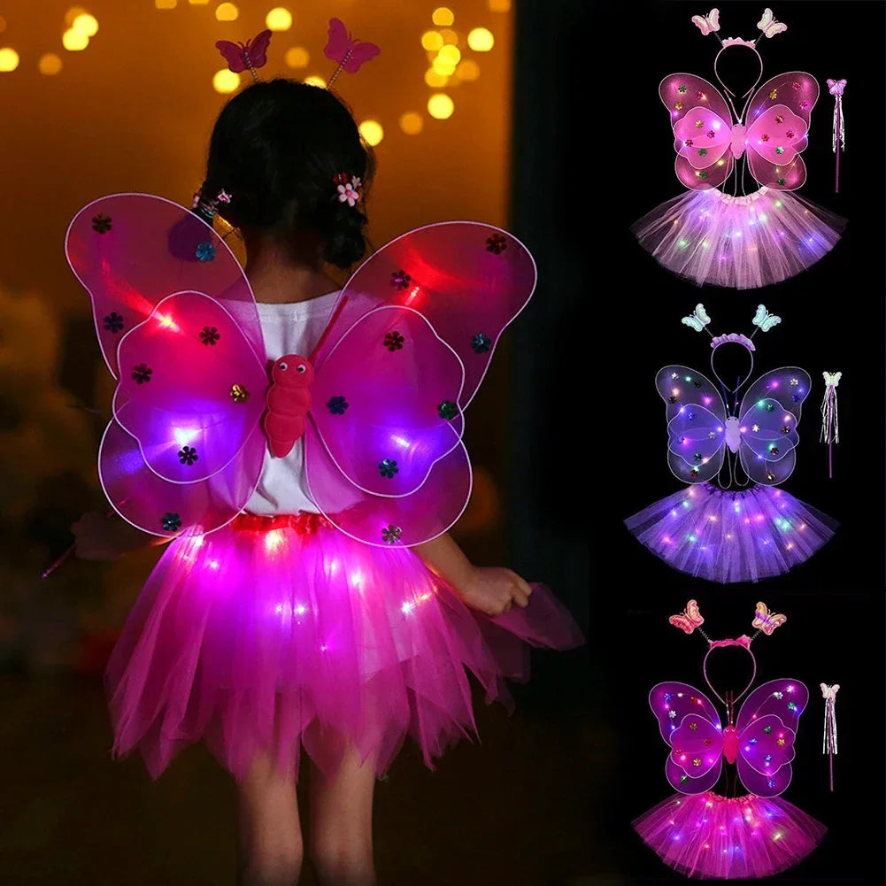 3/4Pcs/Set Double Layers Girls Led Flashing Light Fairy Butterfly Wing Wand Headband Costume Toy Gift Halloween Decoration HIP