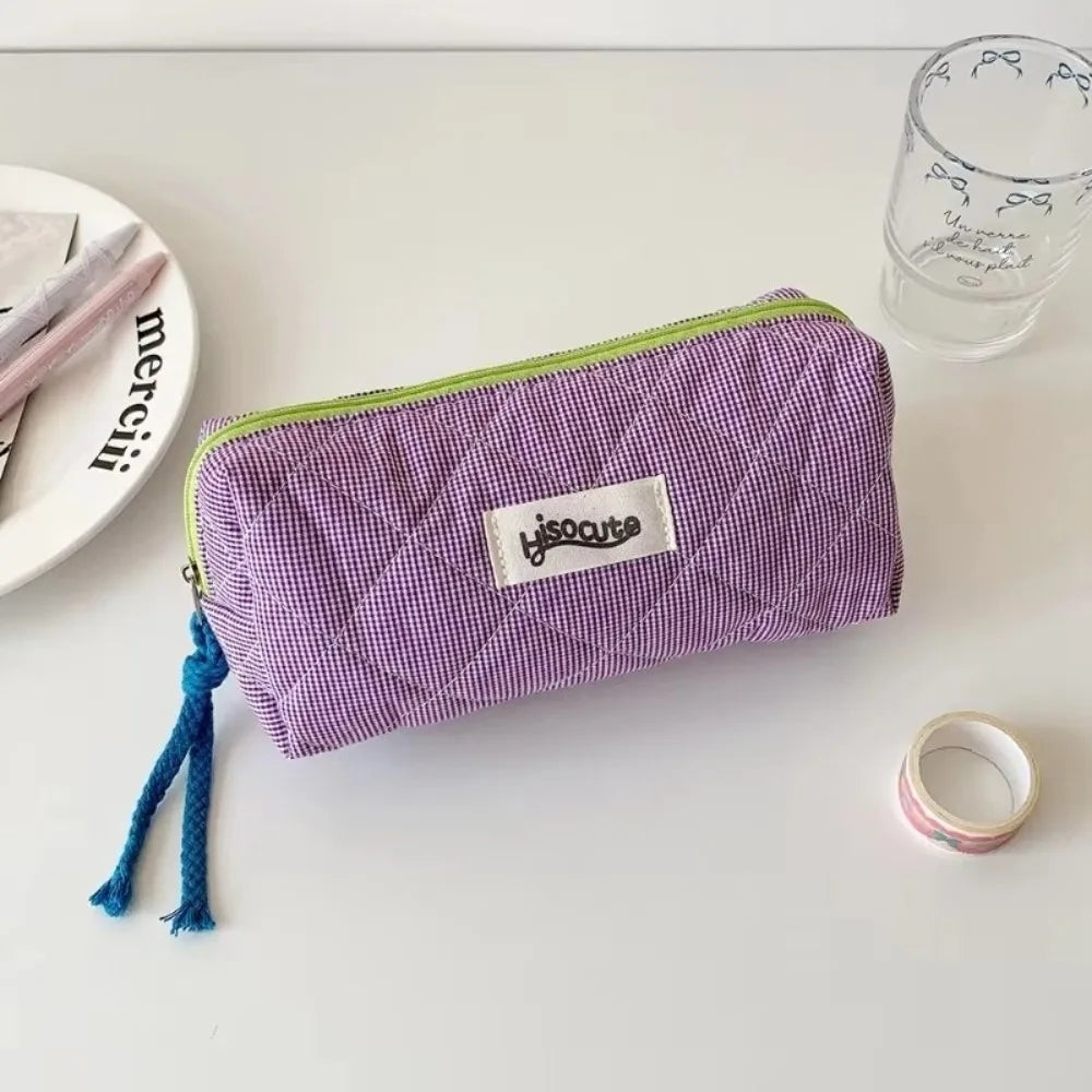 Large Capacity Checkered Pencil Case & Makeup Storage Bag Pencil Case HIP Purple