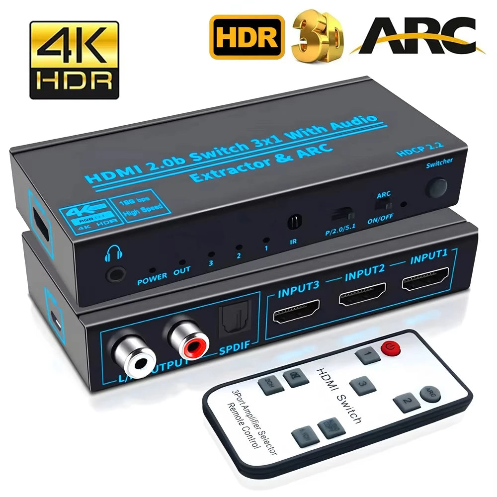 4K@60Hz HDMI 2.0 Audio Extractor 3x1 Switcher | SPDIF RCA ARC HDMI Audio Switcher HIP black