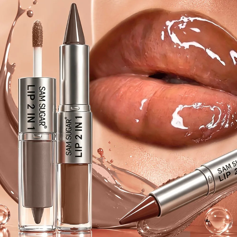 2-in-1 Lip Liner & Lip Gloss Crayon Mirror Glass Fine Shimmer Lipglaze Easy Apply Long-Lasting Waterproof Matte Lip Liner Makeup HIP