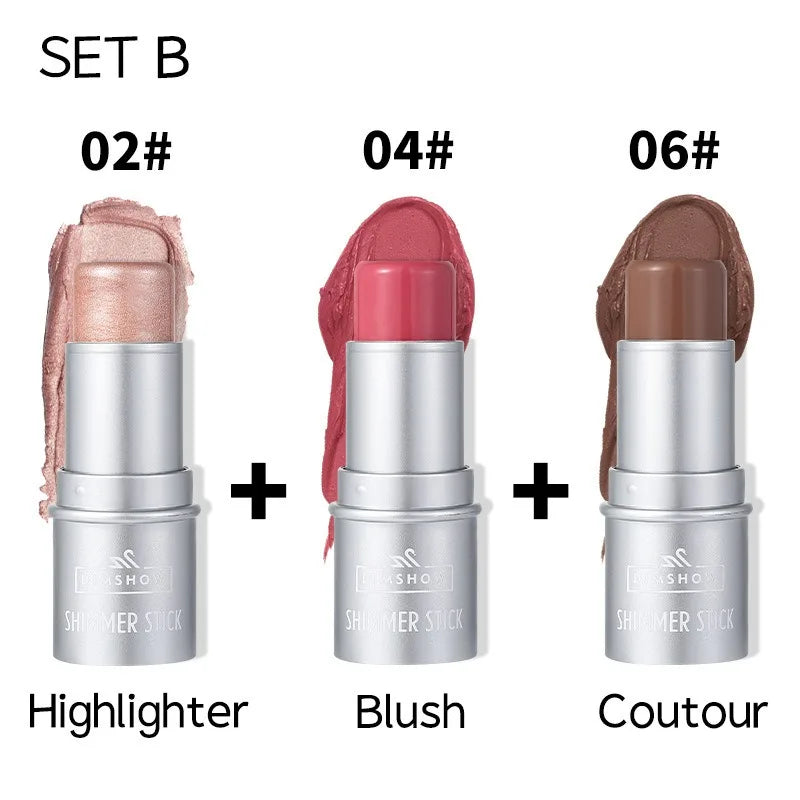 Face Brown Contouring Bronzer Stick Multifunctional Highlighter Blush Silkworm Brightening Sculpt Facial Outline Shadow Cosmetic HIP B Set-3pcs