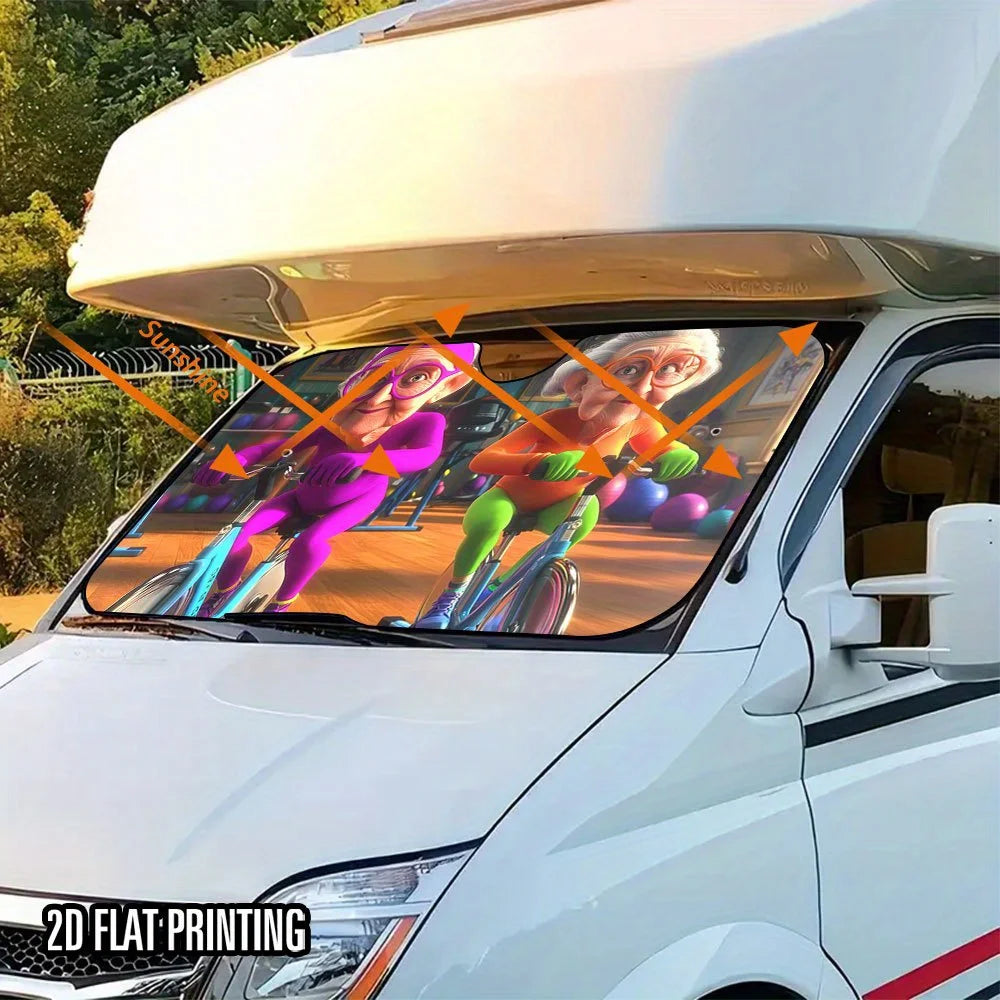 2D Fitness Granny Car Sunshade – Foldable + 4 Suction Cups Car Windshield Sunshade HIP