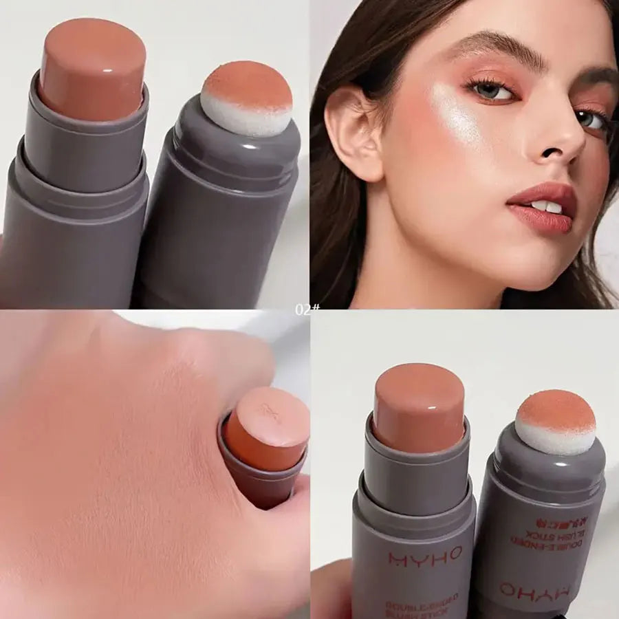 Double Head Sponge Monochrome Powder Blusher Lip and Cheek Dual-Use Durable Matte Natural Rouge Powder Blusher Stick Light Natur HIP Color-02