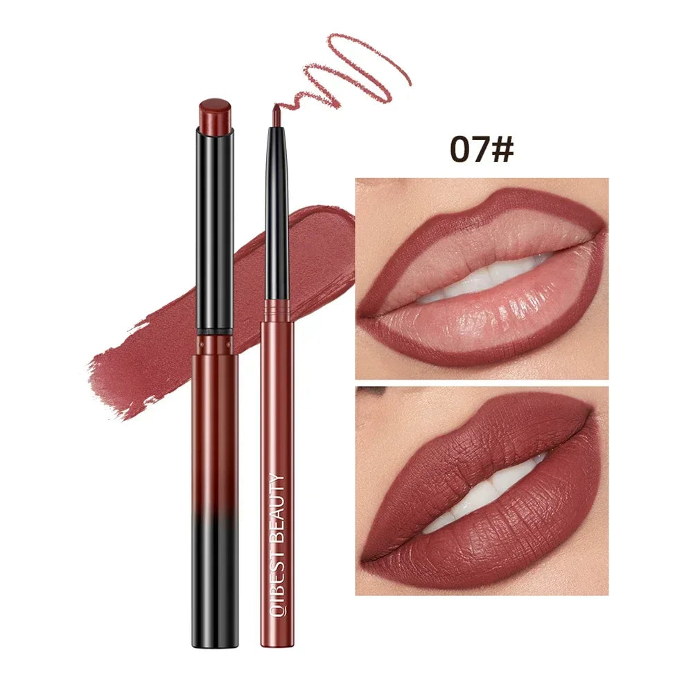 QIBEST Lipliner Pencil Lipstick Set Matte Nude Red Contour Tint Lipstick Long Lasting Non-stick Cup Lipliner Makeup Lip Stain HIP 07