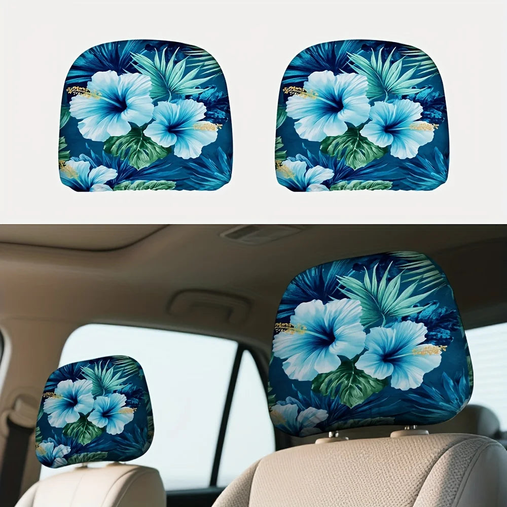 2-Pack Tropical Hibiscus Car Headrest Covers – Blue Floral Car Headrest Covers HIP Blue