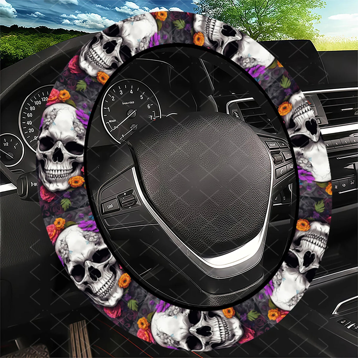 Sugar Skull Flower Steering Wheel Cover – Cars, SUVs & Trucks Steering Wheel Cover HIP SKY BLUE