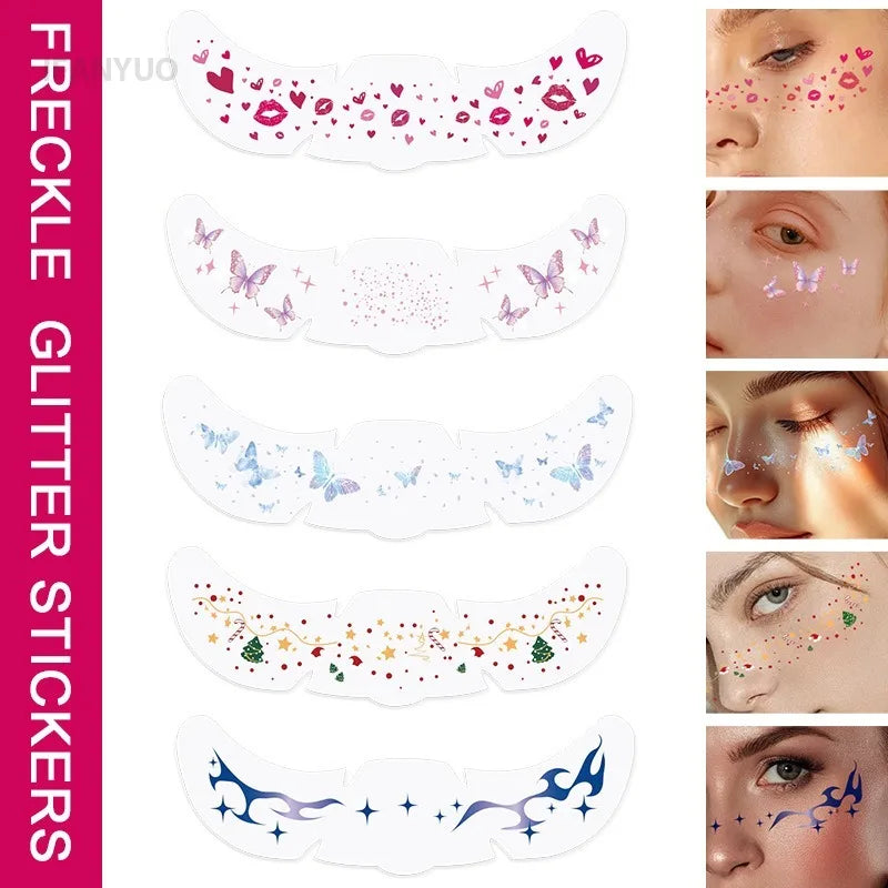 6pcs Flower Butterfly Freckles Makeup Patches Watercolor Heart Valentine Christmas Party Fake Freckles Temporary Tattoo Stickers HIP