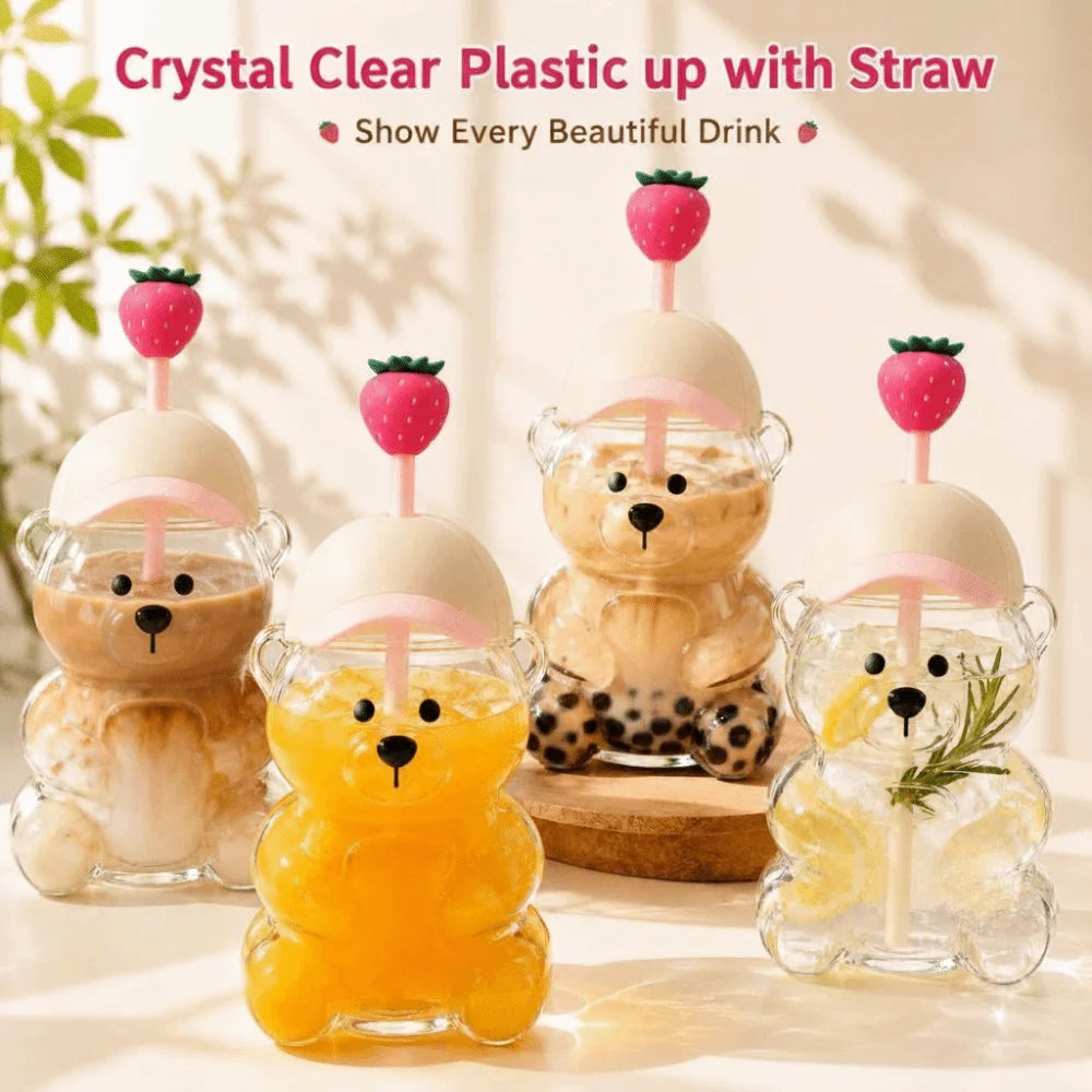 Cute Bear Straw Cup with Lid – 500ml Transparent Drink Cup Novelty Drinking Cup HIP