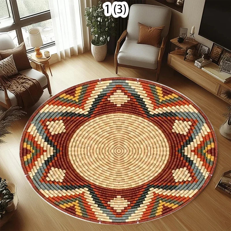 Round Geometric Ethnic Rug – Non-Slip Polyester Carpet Decorative Area Rug HIP 4 40X40CM