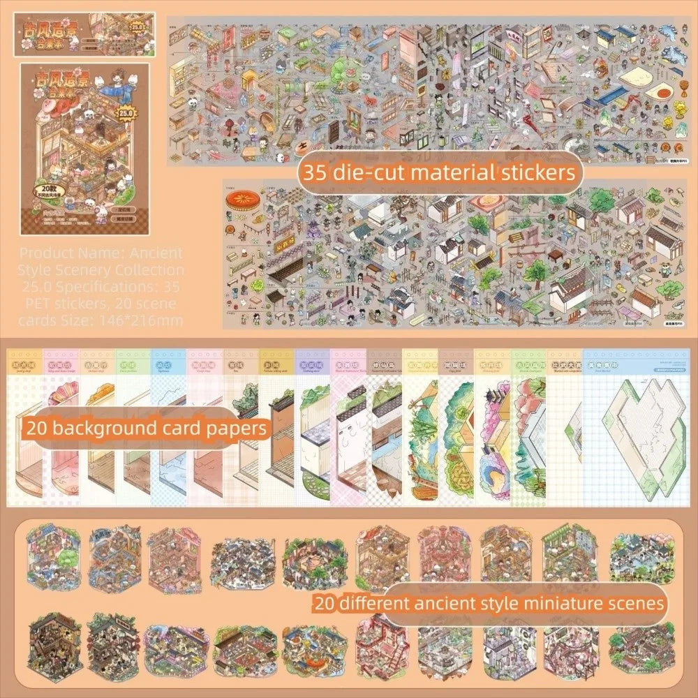 3D Ancient-Style Miniature Scene Stickers – PET Craft Kit Craft Sticker Set HIP