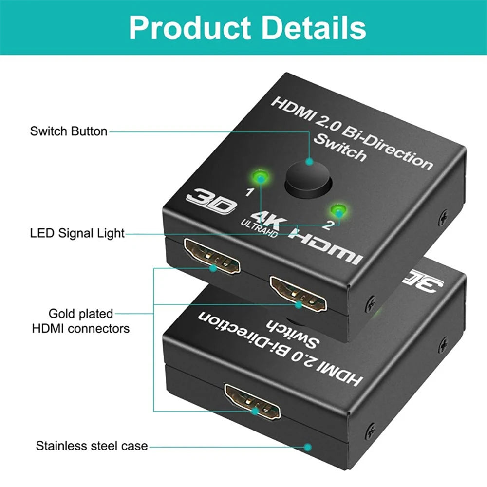 4K HDMI Splitter 2-Port Bidirectional Switch – 1 In 2 Out HDMI Splitter Switch HIP