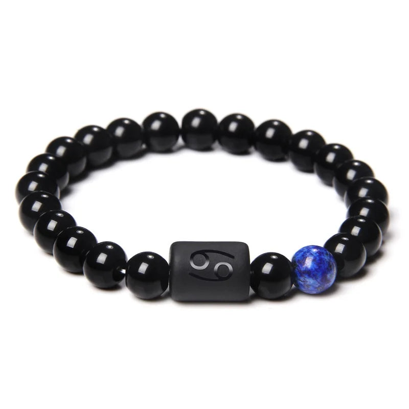 12 Constellation Zodiac Signs Beads Couples Bracelet Natural Black Onyx Stone Elastic Charm Bracelet for Women Men Birthday Gift HIP Cancer