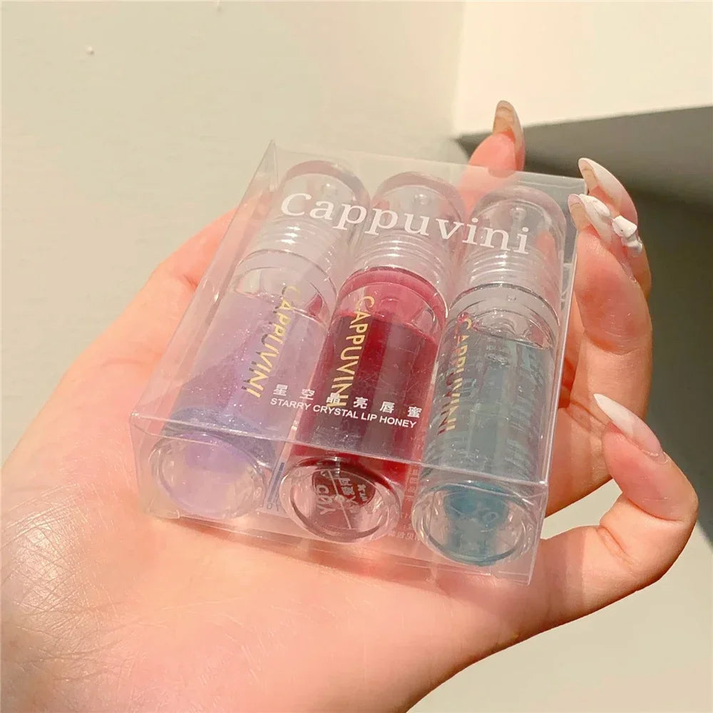 Transparent Crystal Jelly Lipgloss Shiny Clear Mirror Moisturizing Lip Balm Glitter Liquid Lipstick Lip Oil Fruit Taste Lip Tint HIP 3Pcs-B