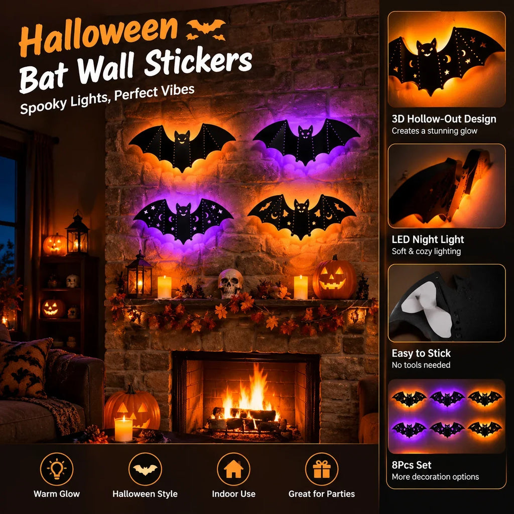 Universal Bat Wall Stickers with LED Night Light 8Pcs 3D Hollow-Out Glowing Bat Wall Sticker Halloween Party Festival Decoration HIP