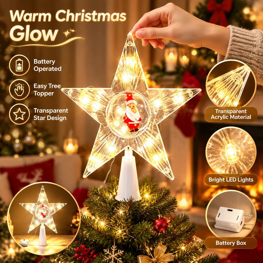 Transparent Five-Pointed Star LED Christmas Tree Topper Battery Operated Glowing Xmas Home Party Decor HIP