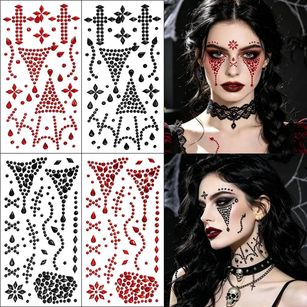 Self‑Adhesive Face Rhinestone Stickers Horror Cosplay Ornament Creative Halloween Red Black Spider Web Cross Scar Gem Decals HIP