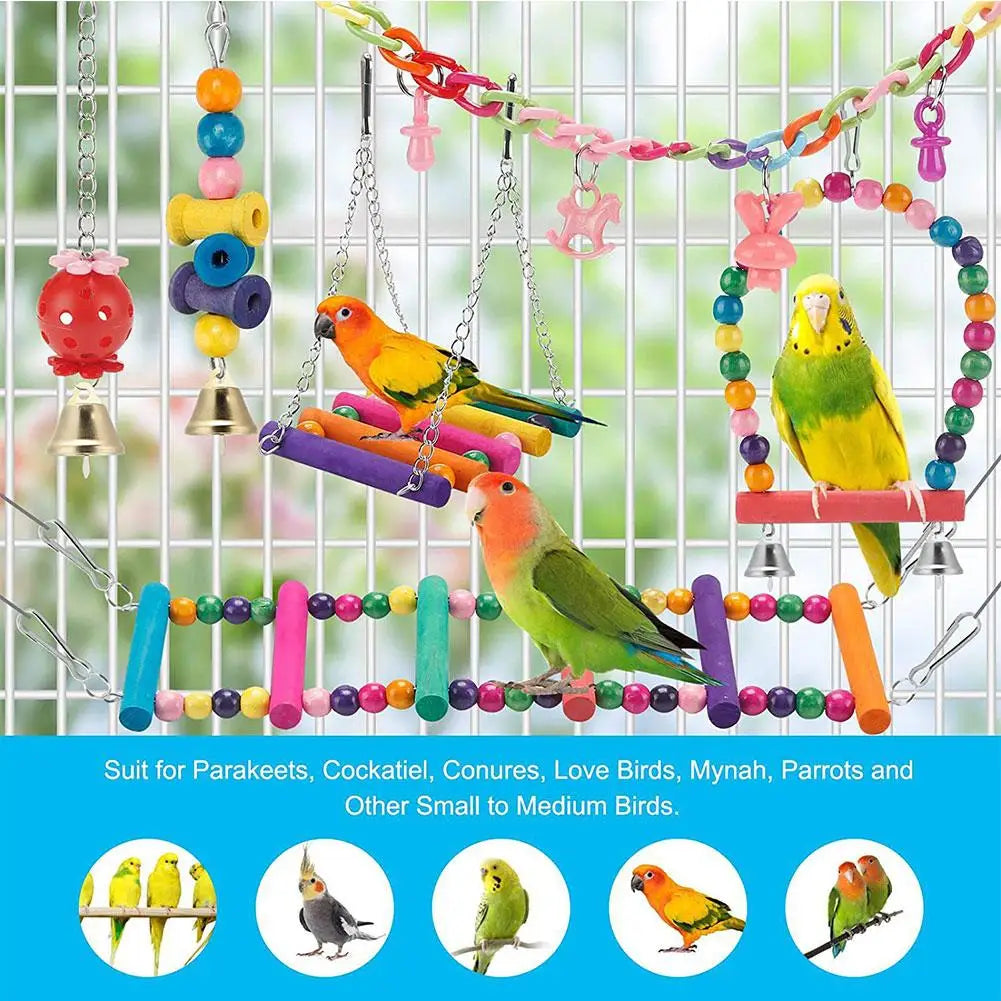 Bird Cage Toys for Parrots Wood Birds Swing Reliable Chewable Bite Bridge Wooden Beads Shape Parrot Toy 7pcs Bird Toys parrot HIP
