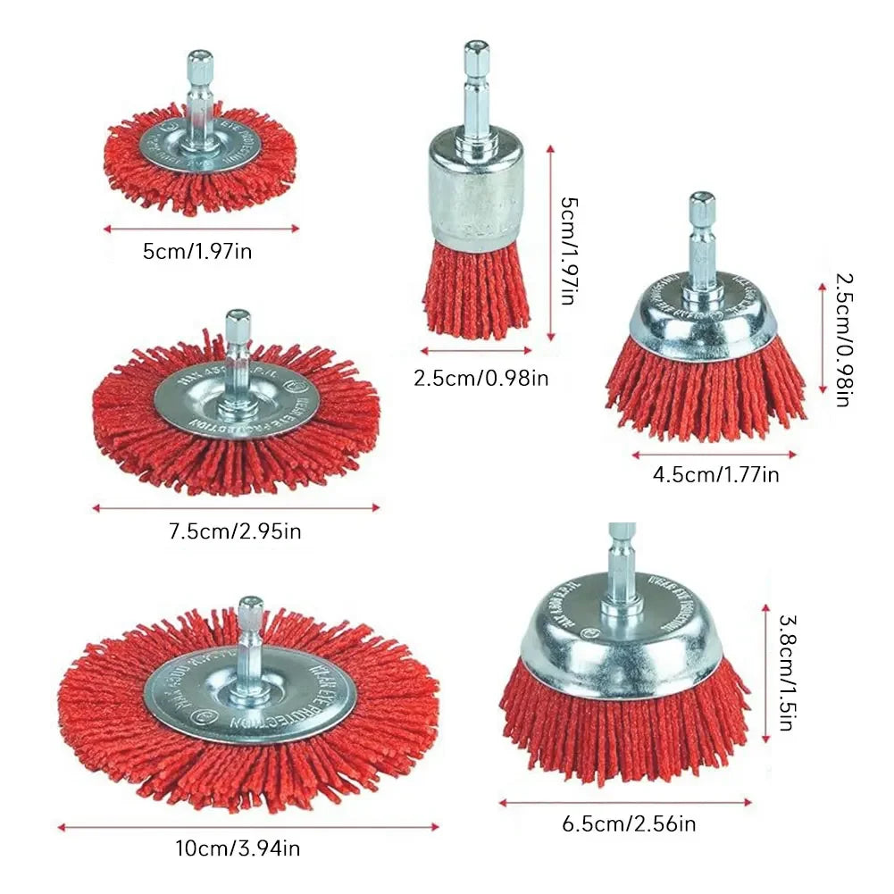 High Efficiency Nylon Polishing Brush Cleaning Brush with Handle Steel Wire Wheel Brush Rust Removal Drill Bit Rotary Tool Brush HIP 6pcs Set
