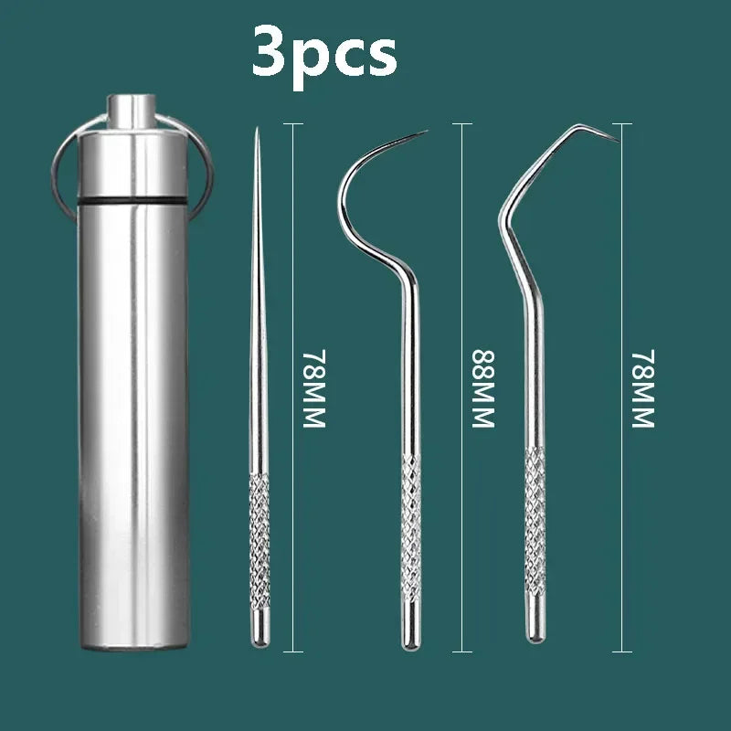 RUZOFO Reusable Stainless Steel Toothpick & Flossing Set Dental Toothpick Set HIP C625-Silver 3pcs