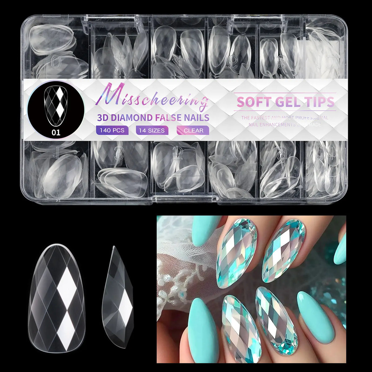 3D Diamond 120/140pcs Square Almond Coffin Nail Extension Tips Natural Clear Full Cover Nails Dual Form Soft Gel Nail Tips HIP 01