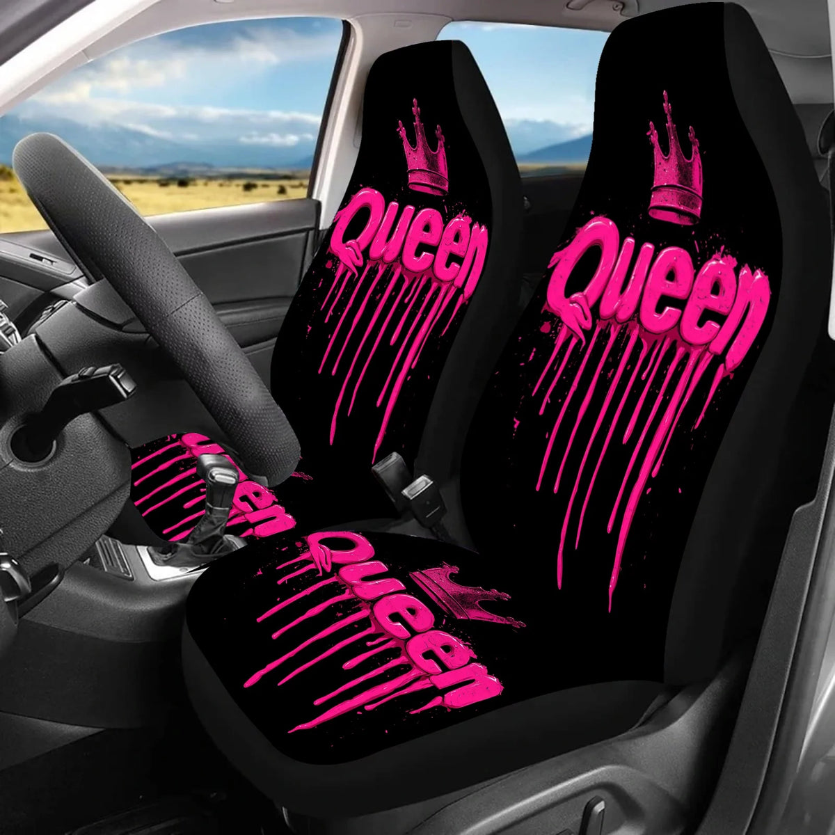Queen of Pink Crown Car Seat Covers – Black & Pink Set of 2 Car Seat Covers HIP