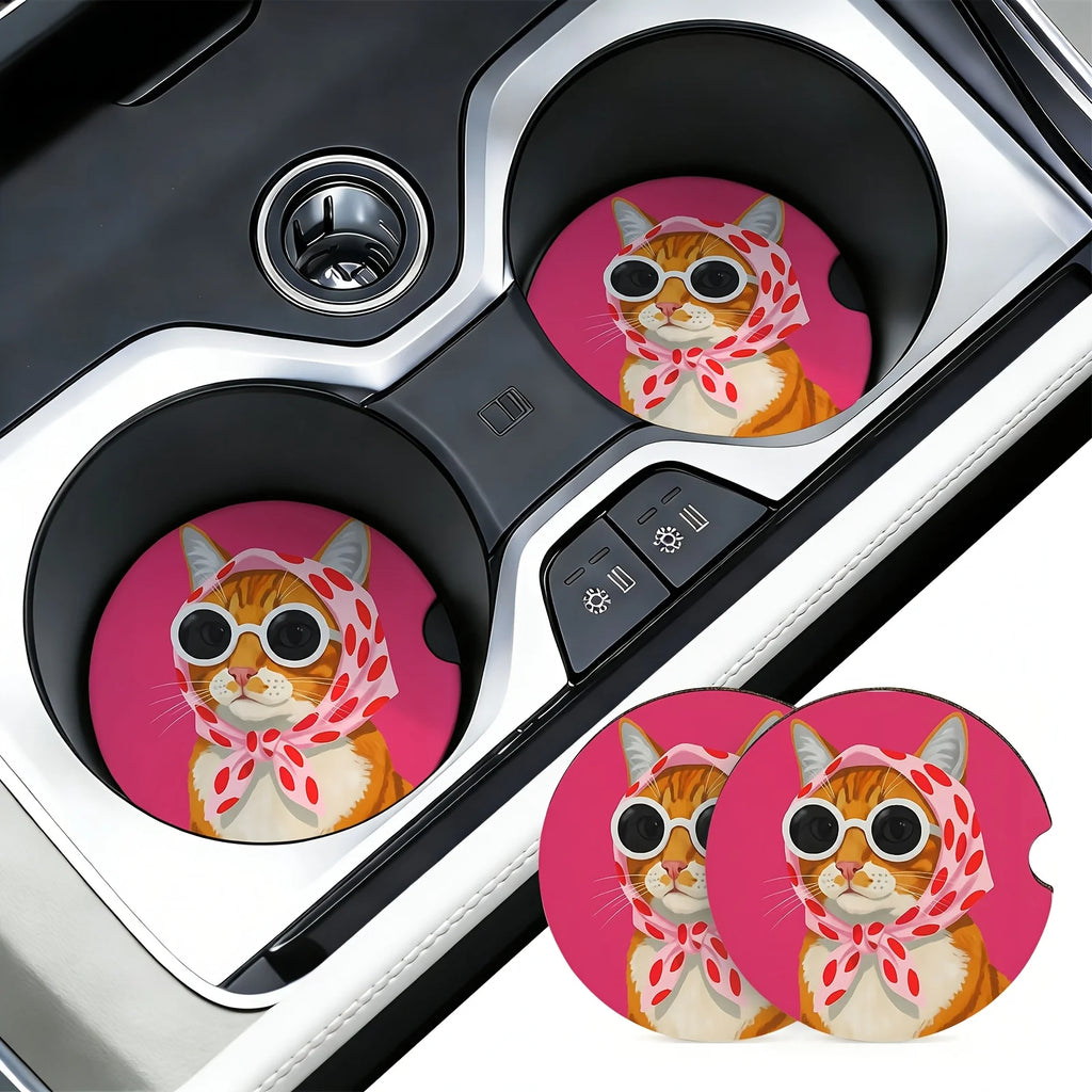 2-Pack Cat Sunglasses Car Cup Holder Mats – Non-Slip Car Cup Holder Mat HIP
