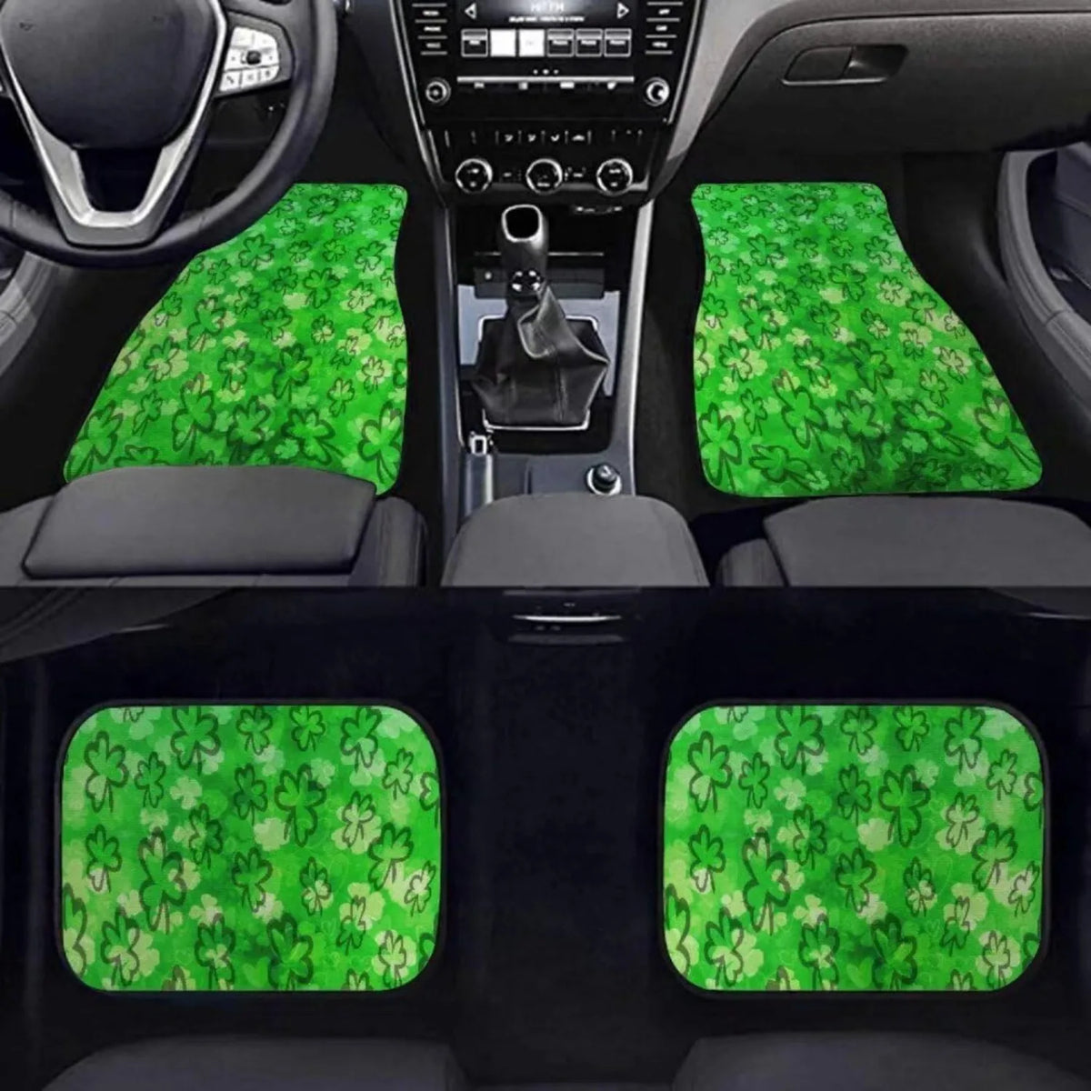 Shamrock Print Car Floor Mats 4pc Non-Slip Set – Black Car Floor Mats HIP