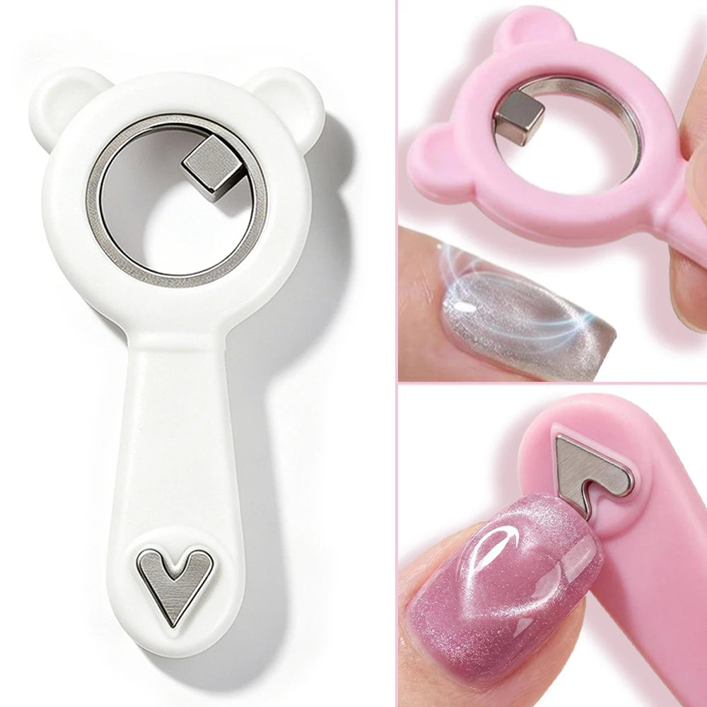 2-in-1 Hollow Cat Eye Nail Art Magnet Black Hole & Love Effect Bear Silicone Ring Circular Magnetic for DIY Gel Manicure Tools HIP White-1Pc