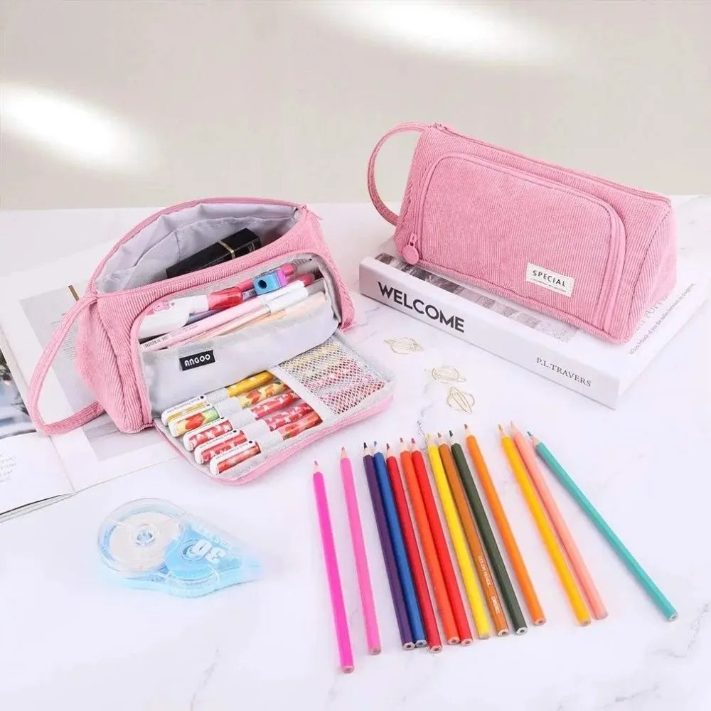 Corduroy Pencil Case Large Capacity Double-Layer Pen Bag Pencil Case HIP
