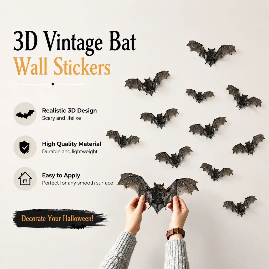 Realistic Horror Halloween Home Window Wall Indoor Party DIY Decor Halloween Bat Decals 12Pcs 3D Vintage Bat Wall Stickers HIP
