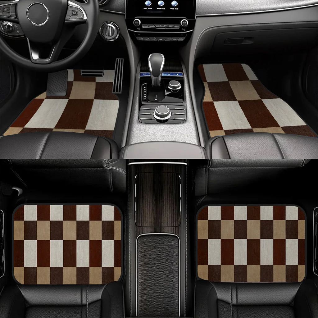 4-Piece Brown Checkerboard Car Floor Mats – Non-Slip Car Floor Mats HIP
