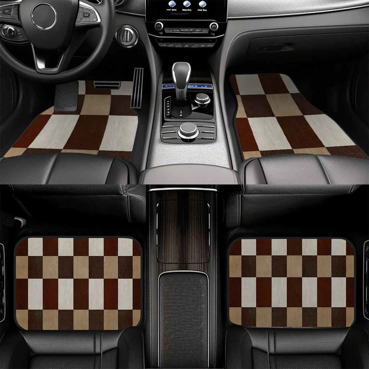 4-Piece Brown Checkerboard Car Floor Mats – Non-Slip Car Floor Mats HIP