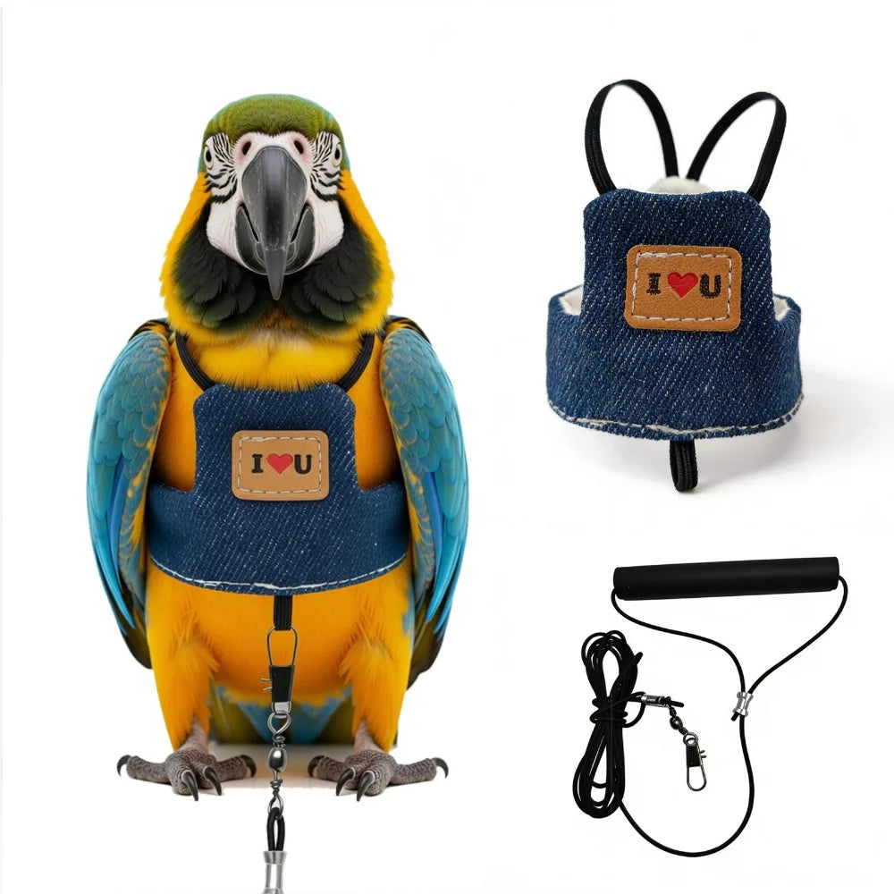 Adjustable Parrot Harness & 2M Leash – Cockatiel Flight Suit Bird Harness Leash HIP Blue-L