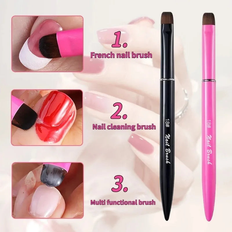 French Tip Nail Painting Brush Metal Handle Flat Round Head Manicure Tool Gel Polish Application Nail Surface Cleaning DIY Nail HIP
