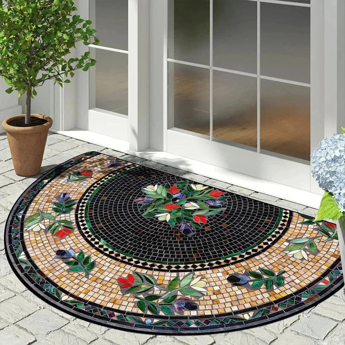 Vintage Mosaic Half Round Doormat – Non-Slip Entry Rug Half Round Doormat HIP 2 40x60cm-Felt
