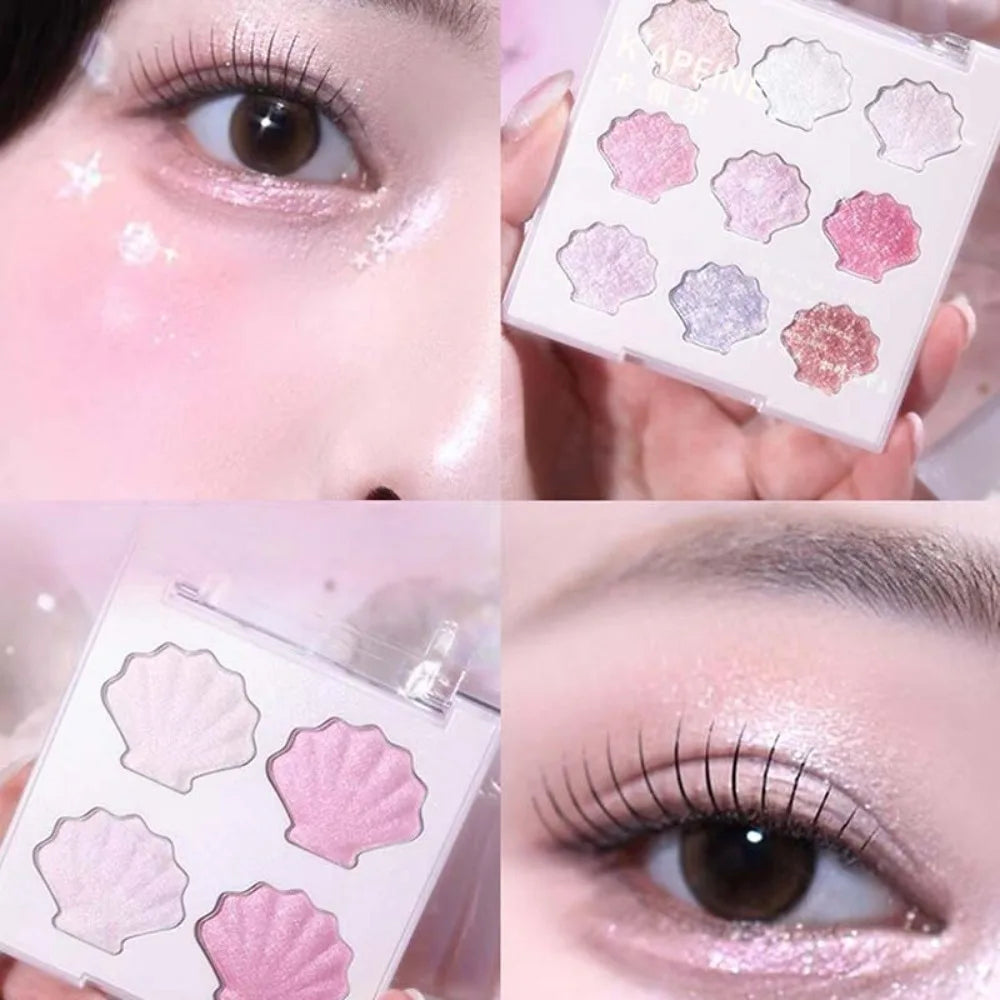 4/9 Colors Shell-Shape Eyeshadow Palette Sparkling Dreamy Pink Blue Pearl White Brighten Lasting Glitter Mineral Makeup Plate HIP