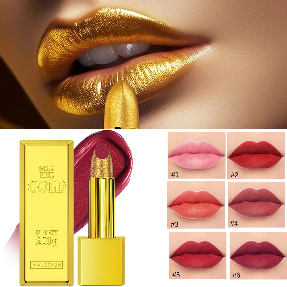 Glitter Sexy Lipstick Shimmer Gold Lipstick Long Lasting Waterproof Cosmetic Gold Brick Tube Valentine's Day Gift For Woman HIP