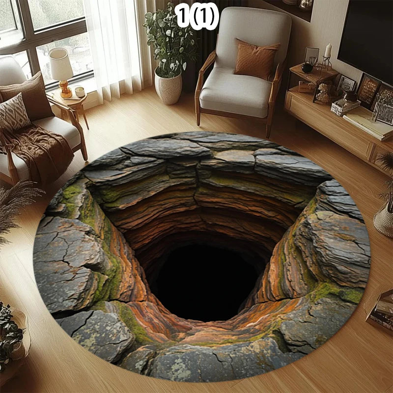 2D Cave Illusion Round Rug – Optical Illusion Rock Pit Floor Mat Novelty Round Rug HIP