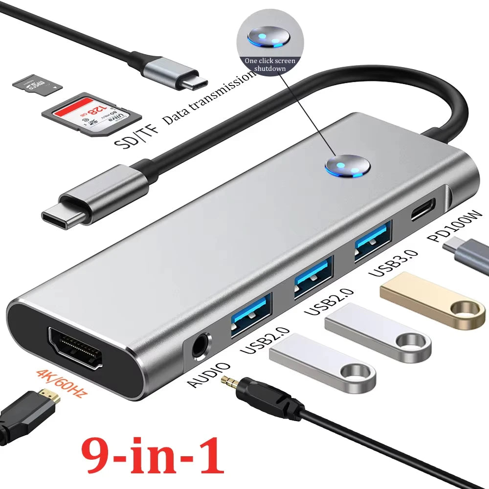 9-in-1 USB-C Docking Station | 4K60Hz HDMI & PD 100W USB-C Docking Station HIP 9-IN-1 with Button