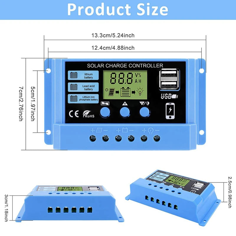 PWM Solar Charge Controller 10A 20A 30A 12V/24V LCD Dual USB Solar Charge Controller HIP