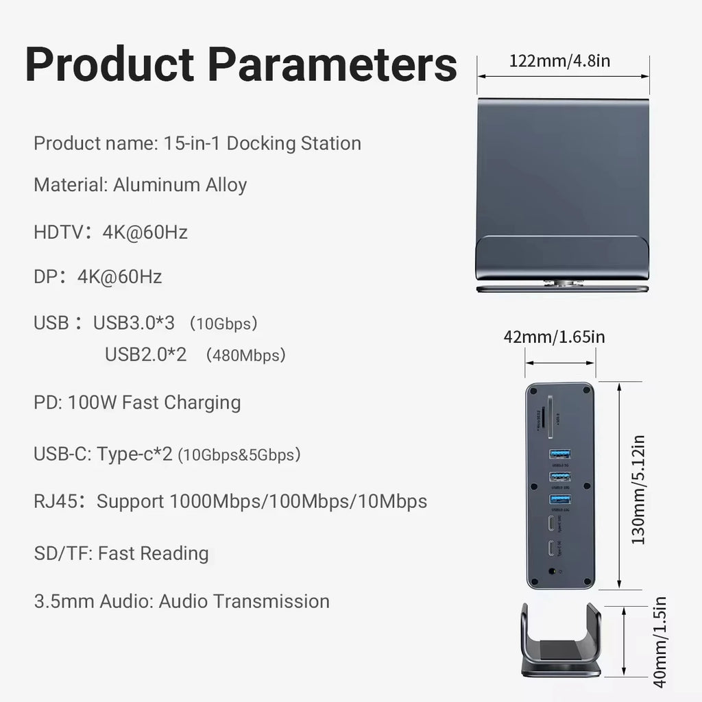 15-in-1 USB-C Docking Station 4K@60Hz Triple Display HDMI DP USB-C Docking Station HIP