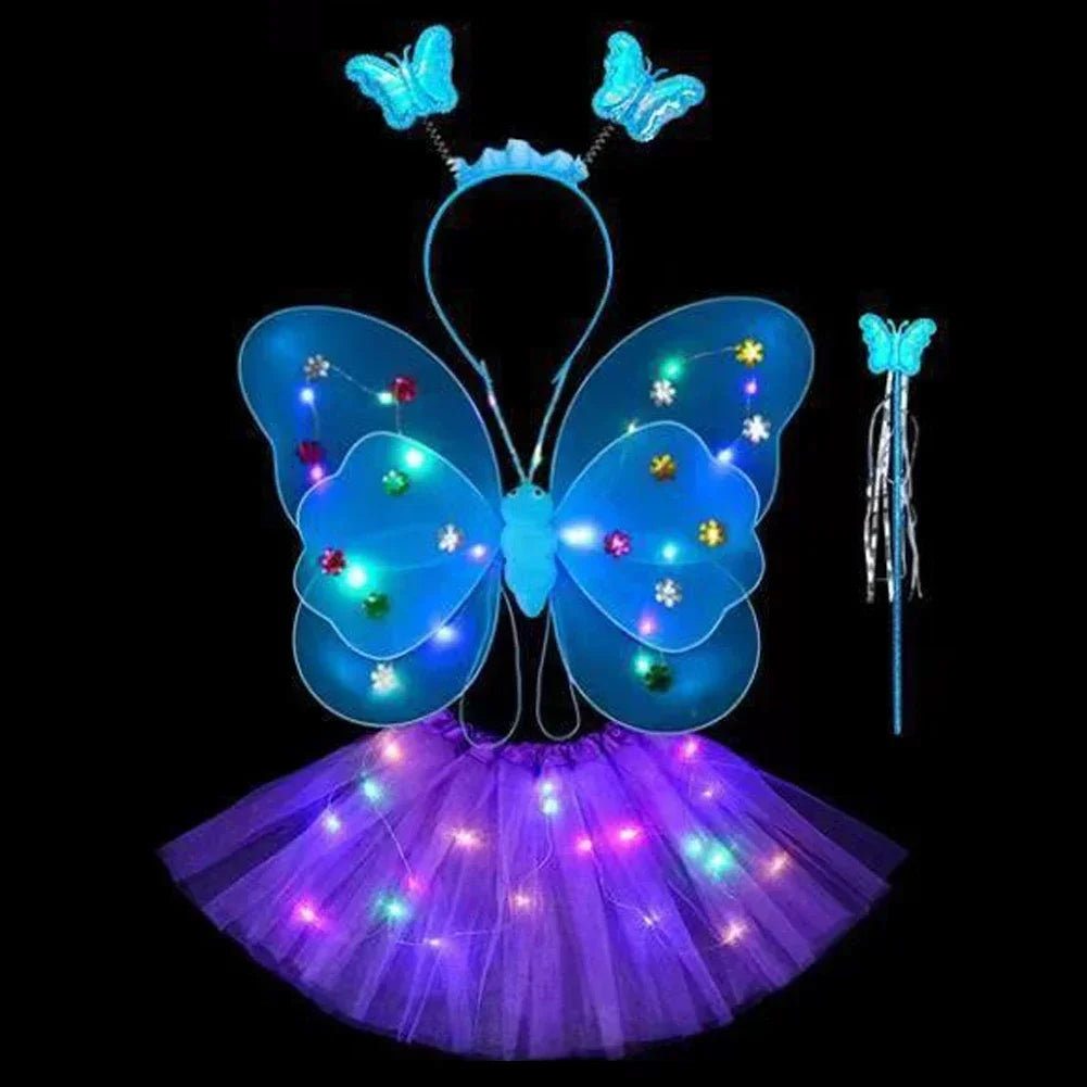 3/4Pcs/Set Double Layers Girls Led Flashing Light Fairy Butterfly Wing Wand Headband Costume Toy Gift Halloween Decoration HIP 4pcs Blue