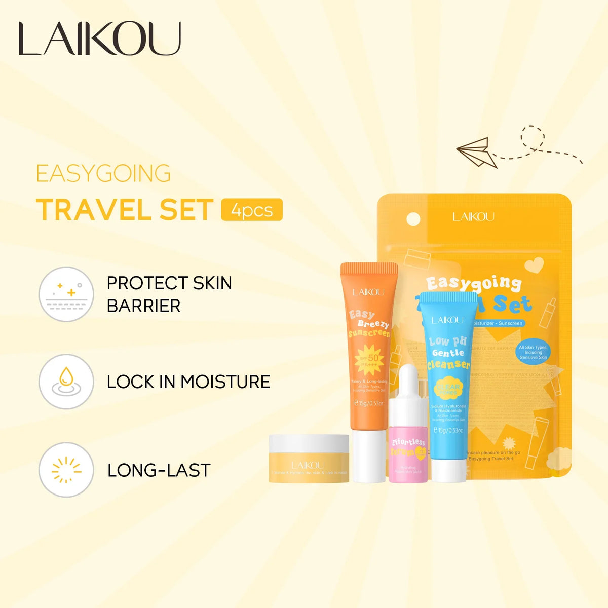 LAIKOU Travel Ceramide Skincare Set – SPF 50 | 4-Step Routine Travel Skincare Set HIP