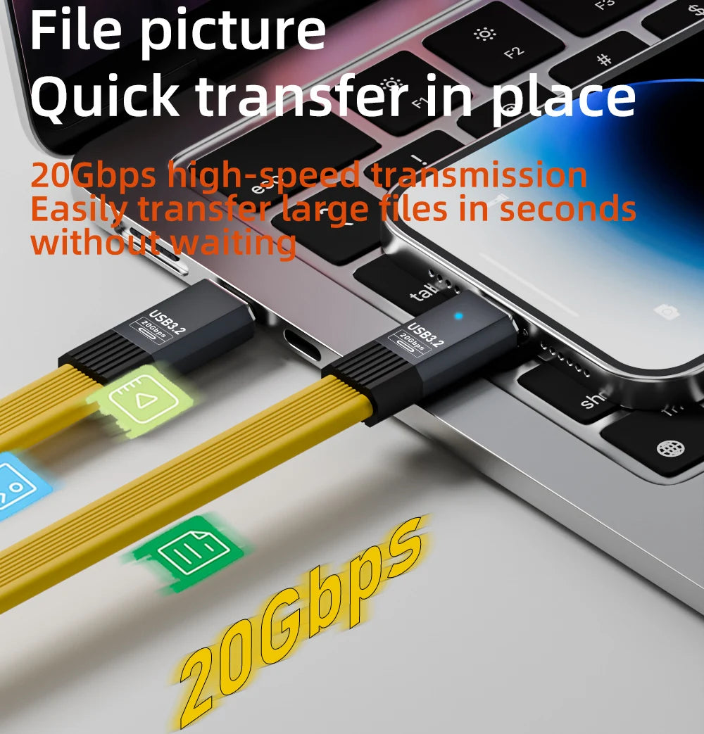 USB 3.2 20Gbps Flat USB-C Cable PD 100W 5A – 8K Thunderbolt USB-C Data Cable HIP