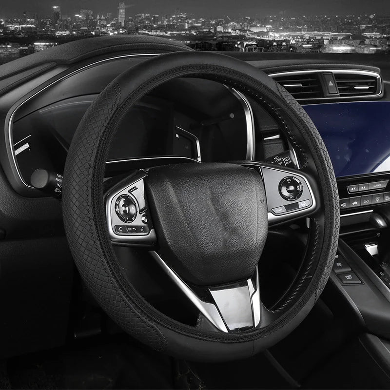 Elastic Faux Leather Steering Wheel Cover – 38cm Universal Fit Steering Wheel Cover HIP