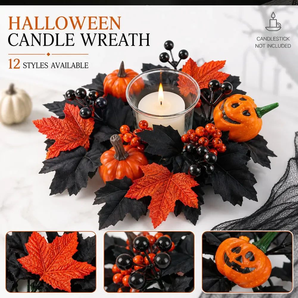 Spooky Home Decor Gothic Halloween Wreath Leaves Red Berries Pumpkin Pinecone Candle Holder For Mantel Fireplace Front Door HIP