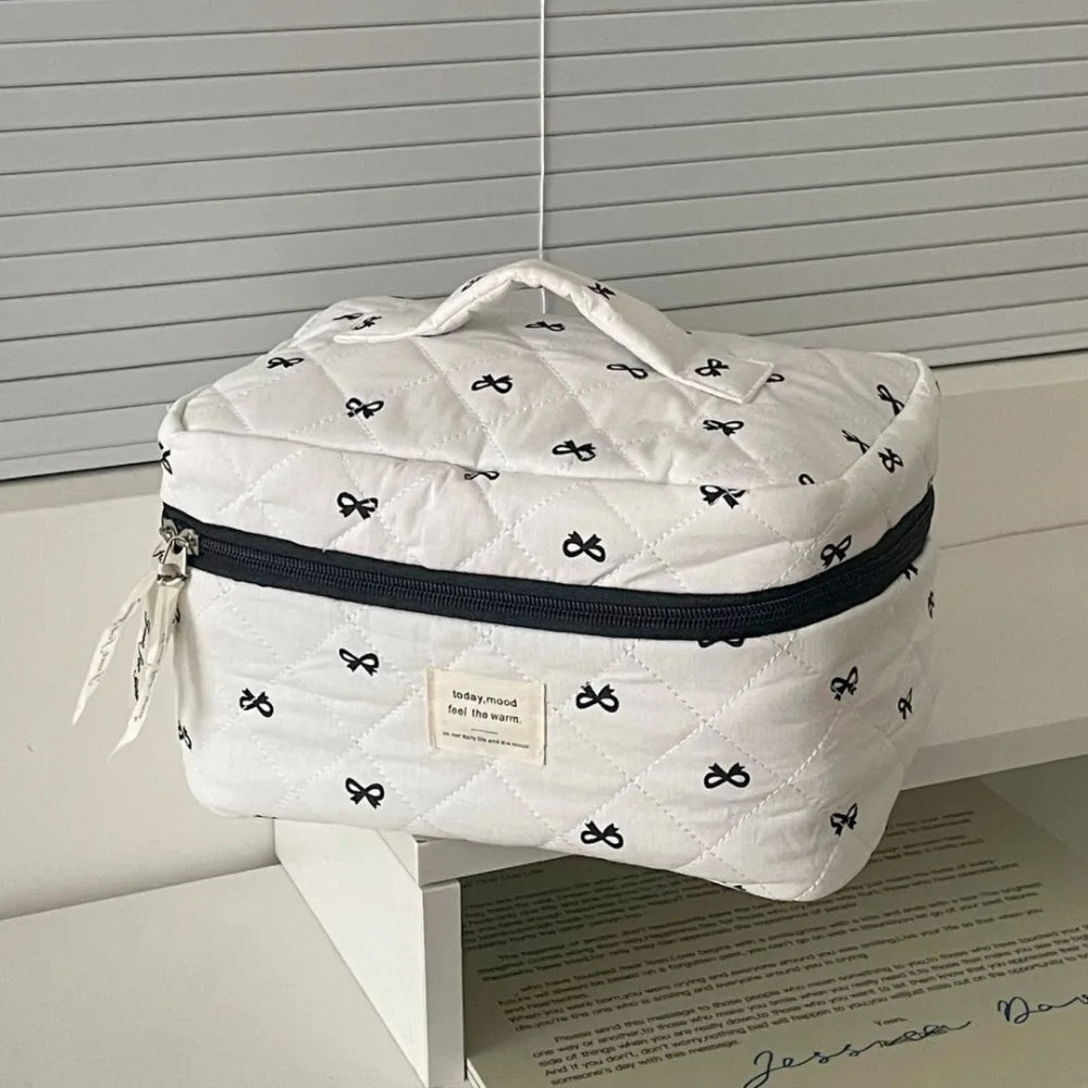 Blue Bow Cotton Makeup Bag Set – 3-Piece Travel Cosmetic Pouch Cosmetic Bag Set HIP Black--L