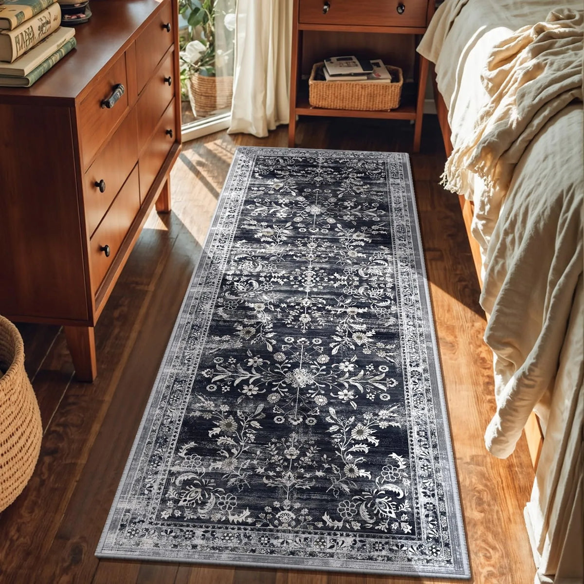Boho Floral Anti-Slip Runner Rug – Distressed Black Floor Mat Runner Floor Mat HIP 2 40x120cm-Felt