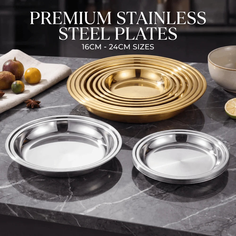 Stainless Steel Round Shallow Tray – Camping & Picnic Plate Serving Tray Plate HIP