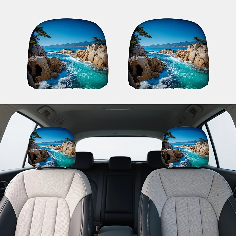 Car Headrest Covers Set of 2 – Coastal Ocean Waves Design Car Headrest Covers HIP 1